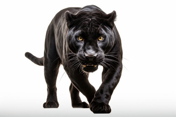 Fototapeta premium Black Jaguar Charging on a White Background. Beautiful feline portrait.
