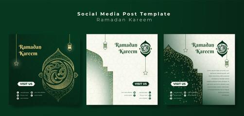 Set of social media post template in green white background with sparkle and line art of lantern and star for ramadan kareem campaign. arabic text mean is ramadan kareem. - obrazy, fototapety, plakaty