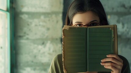 closeup a girl wearing eyeglasses is reading green cover book at outdoor, bookish woman, Generative Ai