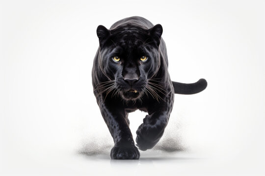 Black Jaguar Charging on a White Background. Beautiful feline portrait.