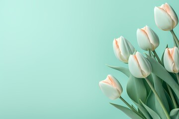 Close-up of tulip blooms in a top-down perspective against a serene seafoam green backdrop, offering a tranquil space for text overlay.