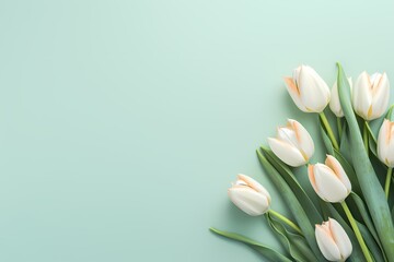 Close-up of tulip blooms in a top-down perspective against a serene seafoam green backdrop, offering a tranquil space for text overlay.