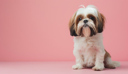 a small white and brown dog on a pink background in t - obrazy, fototapety, plakaty