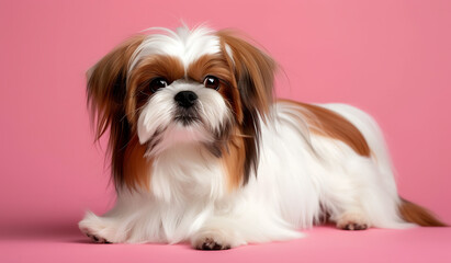 Naklejka na ściany i meble a small white and brown dog on a pink background in t
