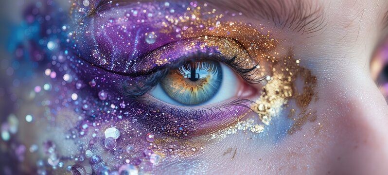 close up woman blue eyes wearing make up paint in purple gold glitter glow diamond dust , Generative Ai