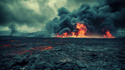 Hot lava field, volcanic activity
