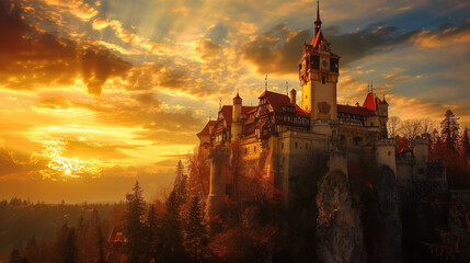 Beautiful medieval castle on top of a cliff, sunset light - obrazy, fototapety, plakaty