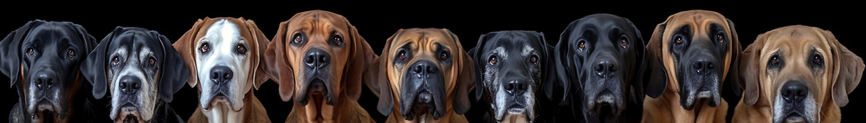 Group of sitting old dogs of different breeds on a black background panorama photo