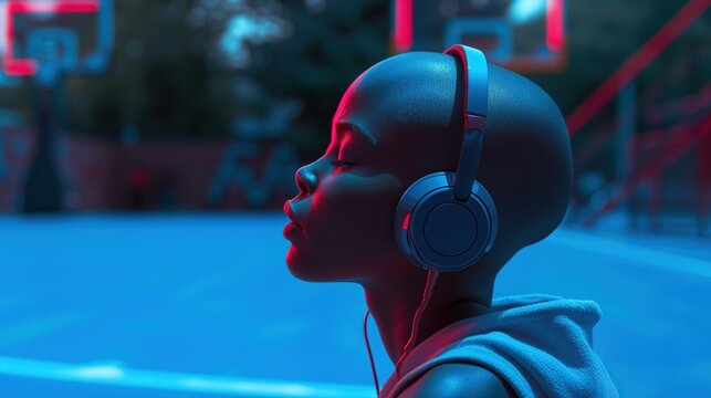 close up portrait of shaved head African woman listening music with headphone at night time outdoor, light and shadow play red and blue tone color, Generative Ai