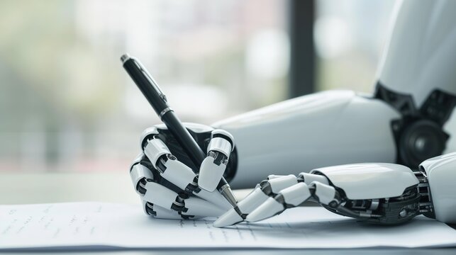 white Ai robot hand writing on document, idea for Artificial intelligence technology as human creative partner, assistant Ai, Chat bot, Generative Ai