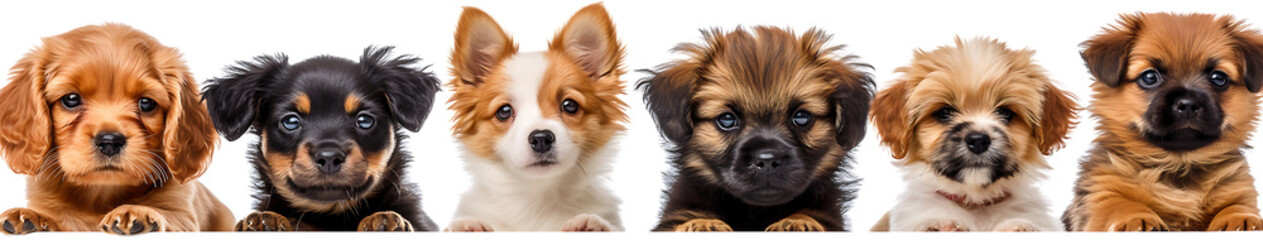 Group of adorable puppy dogs of different breeds on a balck background Cute dogs look at camera hanging their body on long wood panorama photo

