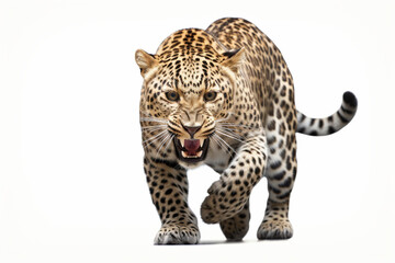 Fototapeta premium Leopard Charging on a White Background. Beautiful feline portrait