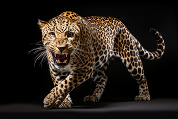 Leopard Charging on a Black Background. Beautiful feline portrait