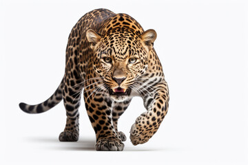 Obraz premium Leopard Charging on a White Background. Beautiful feline portrait
