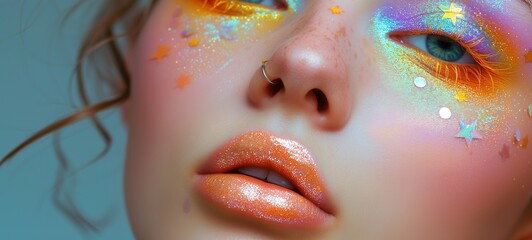 close up woman eyes wearing make up paint in bright colorful tone color, spring theme, Generative Ai