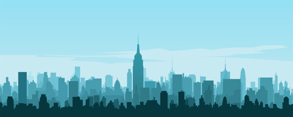 Cityscape with silhouettes of tall skyscrapers and office buildings. Panoramic landscape of the metropolis. Silhouettes of a modern city. Business district of the city. Vector illustration. - obrazy, fototapety, plakaty