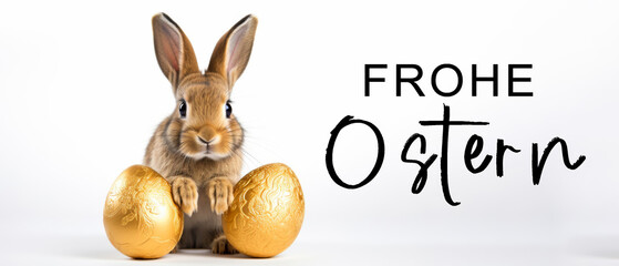 Frohe Ostern Konzept Feiertag Grußkarte mit deutschem Text - Süßer kleiner Osterhase, Kaninchen mit 2 goldenen Ostereiern auf Tisch, isoliert auf weissem Hintergrund