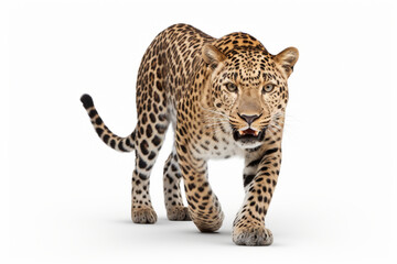 Obraz premium Leopard Charging on a White Background. Beautiful feline portrait
