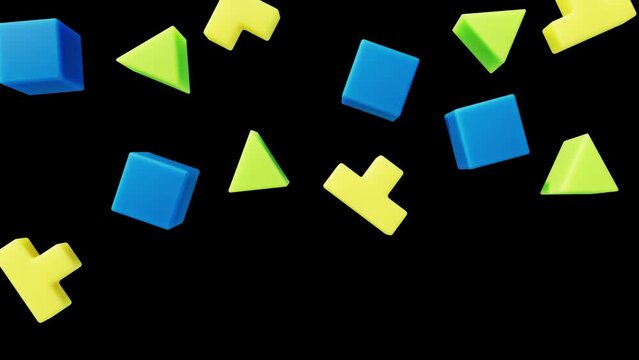Multi-colored figures with subsurface scattering fall down on a black background. 3d animation