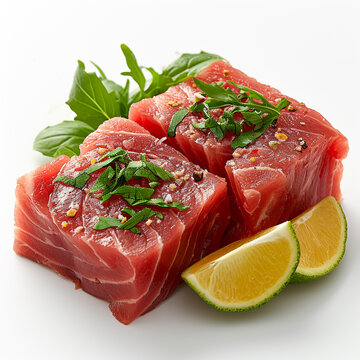 Illustration of tuna, tuna fillet cut into even square pieces, with small greens. On a white background. Restaurant menu. Healthy food.