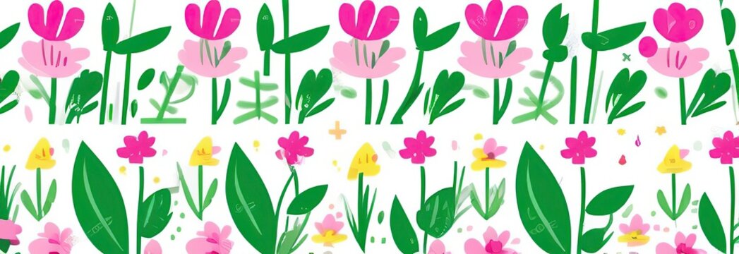 stock photo with space for text spring pink flowers with a small number of green leaves and blades of grass located on the left and 2/3 free space on the right for text 