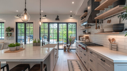 A kitchen with minimalist open shelving and a single row of pendant lights above the island. 