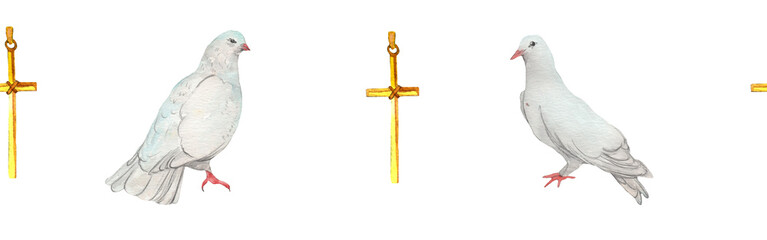 Watercolor birds flying pigeon chross border. Birds seamless border. Hand painted illustration in natural colors on white backround.