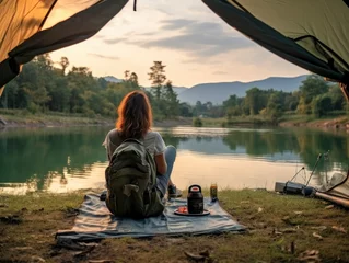 Foto op Aluminium Asian woman travel and camping alone at natural park © kanesuan