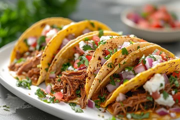 Foto op Aluminium Mexican tacos with pulled beef and vegetables on a white plate © Mashaki