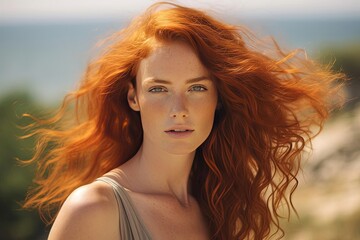 Fototapeta premium Close-Up of Woman with Red Hair near the Beach - Full Product Shot with Epic Natural Light
