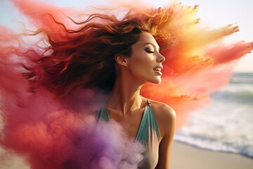 Airbrush Portrait of a Beautiful Woman on the Beach, Generated AI - Ocean Vistas with Color Powder Explosion