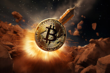 Bitcoin logo rocket launcher to the moon. Growth rate of the gold coin, cryptocurrency concept