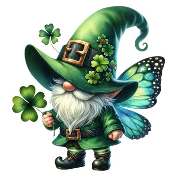 Watercolor Butterfly Gnome,Green butterfly wing,St. Patrick's Day,Irish-themed,Illustration Isolated on Transparent Background