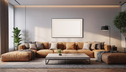 mock up poster frame in modern interior background gray sofa wood floor, large living room, Scandinavian style,