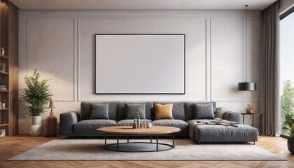 mock up poster frame in modern interior background gray sofa wood floor, large living room, Scandinavian style,