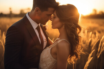 Loving couple intimately close together outdoors, golden hour lighting 