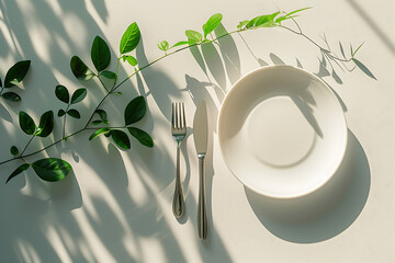 a white plate fork and spoon on table next to some gr - obrazy, fototapety, plakaty