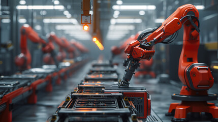 Row of identical red industrial robots is shown in perfect synchronization, performing tasks in a modern factory setting, illustrating the precision of contemporary manufacturing processes. - obrazy, fototapety, plakaty