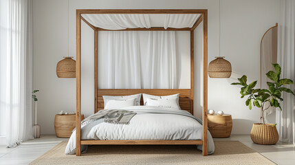 A modern bedroom with a canopy bed and a single, strategically placed pendant light. 