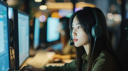 woman call center operator with headset using computer, support call-center, assist call center, telemarketing call center, receptionist call center, operator call center,