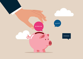 Hand putting speech bubble a piggy bank. Discussion, employee survey or customer suggestion. Modern vector illustration in flat style