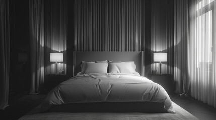 A monochromatic bedroom with a perfectly made bed and soft, diffused lighting. 