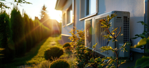 Air source heat pump installed in residential building. Made by generative AI. - obrazy, fototapety, plakaty