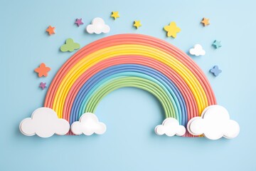 Delightful arrangement of tiny rainbows on a baby blue background, symbolizing joy and positivity in a compact frame.