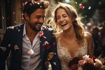 Ein strahlendes Brautpaar auf ihrer Hochzeit. Sie werden von Bl&uuml;tenbl&auml;ttern umgeben, die von den Hochzeitsg&auml;sten als Zeichen der Feier und Freude geworfen werden