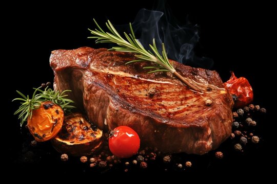 Realistic image of a delicious steak accompanied by tomatoes and rosemary. Generative AI