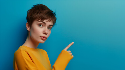 Beautiful woman pointing to where her advertisement will be written. Blue background and perfect contrast.