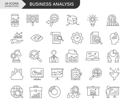 Business Analysis ,thin line vector icon set. Pixel perfect. For Mobile and Web. The set contains icons: Analyzing, Data, Big Data, Research, Examining, Chart, Diagram, Expertise, Planning, Advice 