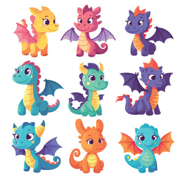 Baby dragons cartoon set. Colored little fairytale monsters in doodle style. Scribble reptiles in various poses. Mythological creatures with wings. Vector collection on white background