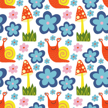Seamless pattern with cute cartoon snails and flowers, mushrooms.